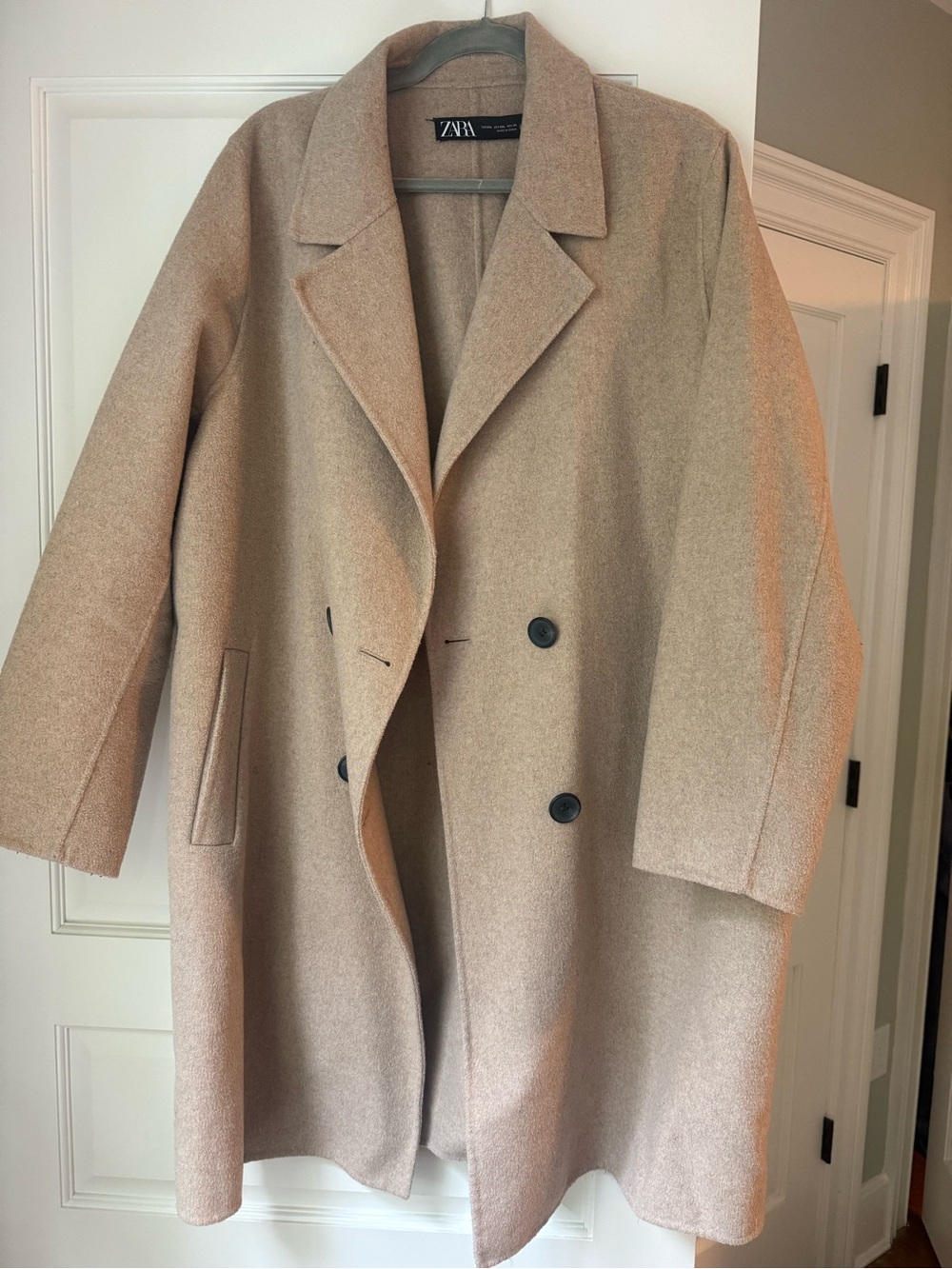 Zara Beige Double-Breasted Wool-Blend Pea Coat